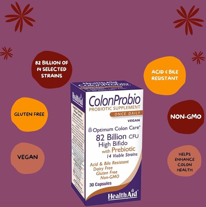 HealthAid ColonProbio 82 Billion with Prebiotic 14 Strains Once Daily 30ct Optimum Colon Care Acid &amp Bile Resistant Dairy Free Gluten Free Non-GMO