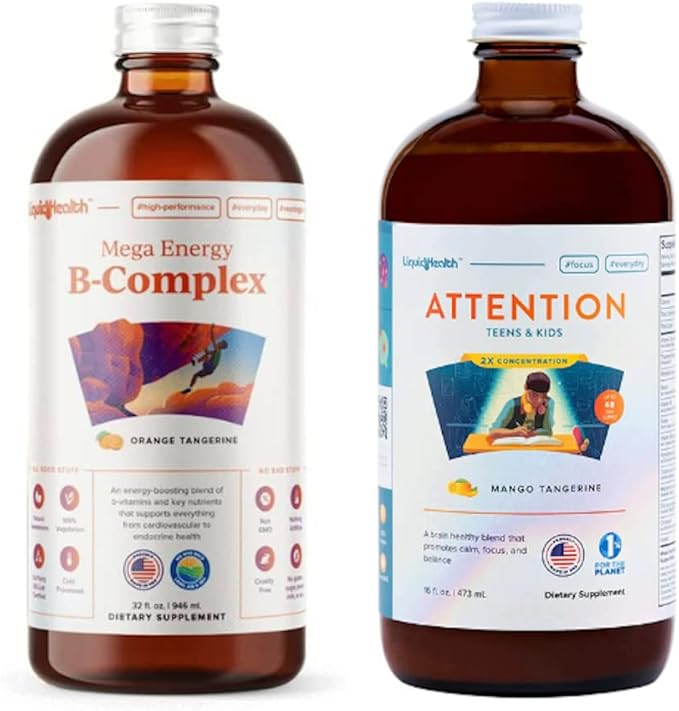 LIQUIDHEALTH Mega Energy B-Complex &amp Attention Teens &amp Kids Liquid Vitamin Bundle for Children - Improve Focus &amp Concentration Boost Mood Increase Natural Energy Levels - Vegan Non-GMO
