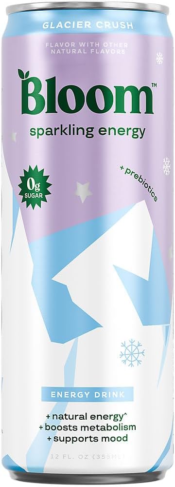 Bloom Nutrition Sparkling Energy Drink - Natural Caffeine Zero Sugar 180mg - Antioxidant-Rich with Green Coffee Bean Green Tea Extract Prebiotics - Glacier Crush - 12oz 12 Pack