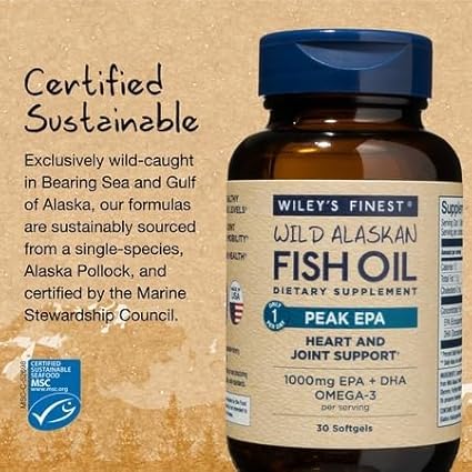 Wiley's Finest Wild Alaskan Fish Oil Peak EPA - Triple Strength Peak EPA &amp DHA Supplement - 1000mg Fish Oil - Omega-3s for Joint Health Support - 30 Softgels (30 Servings)