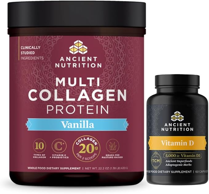 Ancient Nutrition Multi Collagen Protein Powder Vanilla 60 Servings + Vitamin D Capsules 60 Count