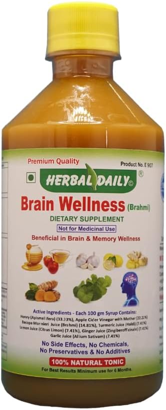 Brain Wellness Syrup Brain Supplement for Memory and Focus Made with Natural Herbs Brahmi Garlic Ginger Turmeric Lemon Honey and Apple Cider Vinegar 400ml 1 Bottle