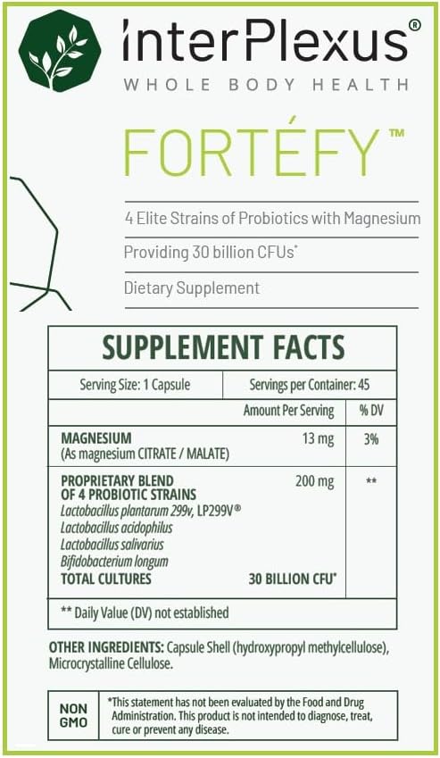 InterPlexus Fortéfy - 4 Elite Strains of Probiotics Providing 30 Billion CFU per Capsule with Magnesium - Gluten Free Dairy Free Soy Free - 45 Capsules (45 Servings)