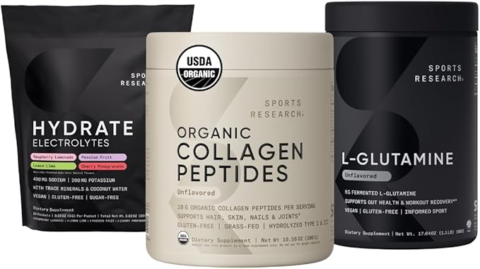 Sports Research® Recovery Pack - Hydrate Electrolytes Powder Packets + L-Glutamine Workout Recovery Immune Health &amp Gut Health Support + Organic Collagen Peptides - Hydrolyzed Type I &amp III