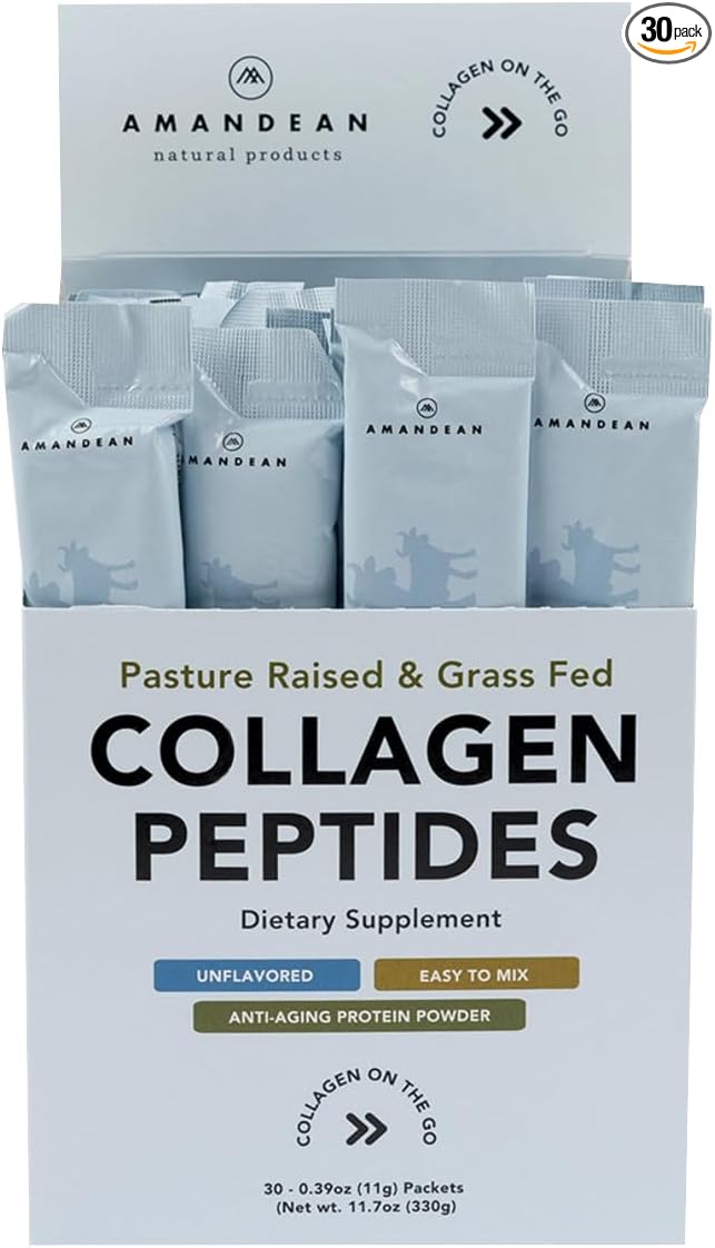 AMANDEAN Collagen Peptides Powder Packets | 30 Individual Stick Packs | Grass-Fed Hydrolyzed Collagen Protein | Unflavored Easy to Mix | Travel Friendly | Promotes Healthy Gut Skin Hair Nails.