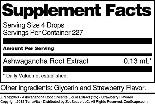 Terravita Ashwagandha Root Glycerite Liquid Extract (1:5) - Strawberry Flavored (1 oz ZIN: 522068)