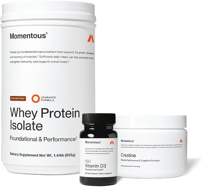 Momentous Arnold's Stack - Creatine Monohydrate Powder Essential Grass-Fed Whey Protein Powder (Chocolate) &amp Vitamin D3 (2000 IU) - Daily Fundamentals to Support Muscle Strength &amp Longevity