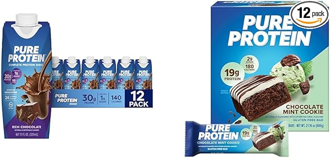 Pure Protein Chocolate Protein Shake 30g Protein 12 Pack and Pure Protein Chocolate Mint Cookie Protein Bars 19g Protein 12 Count