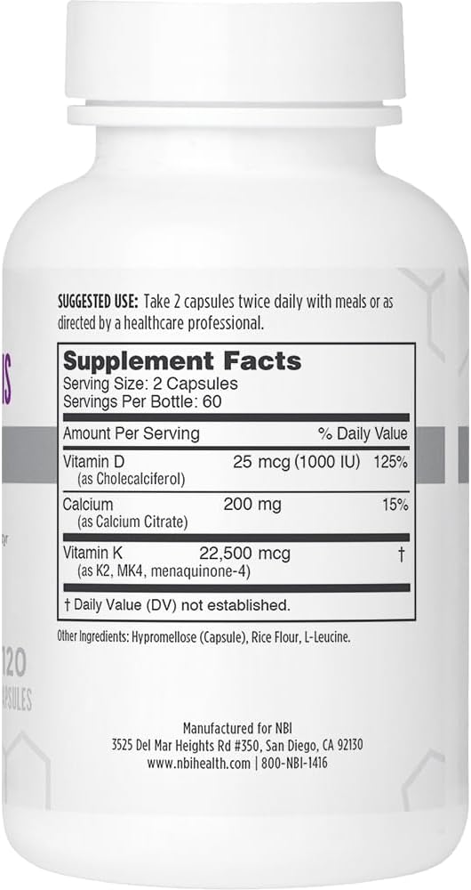 NBI Osteo-K Bone Support - Mini | Vitamin D &amp K Complex with Calcium Citrate Supplement | 45mg Vitamin K2 (MK4) for Strong Bone Health &amp Function | 120ct Veggie Capsules