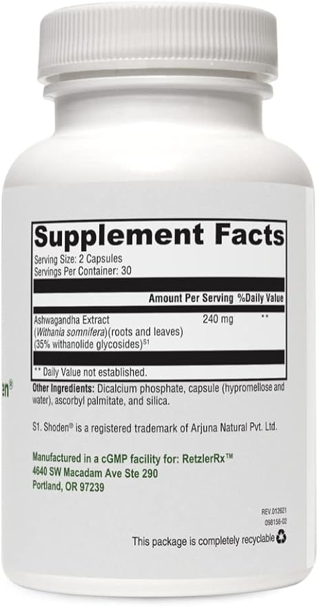 HormoneSynergy RetzlerRx® Ashwagandha with Shoden® - High-Potency Ashwagandha Extract with 35% Withanolides - Clinically Proven for Stress Relief Calm and Sleep Support - 120 mg 60 Capsules