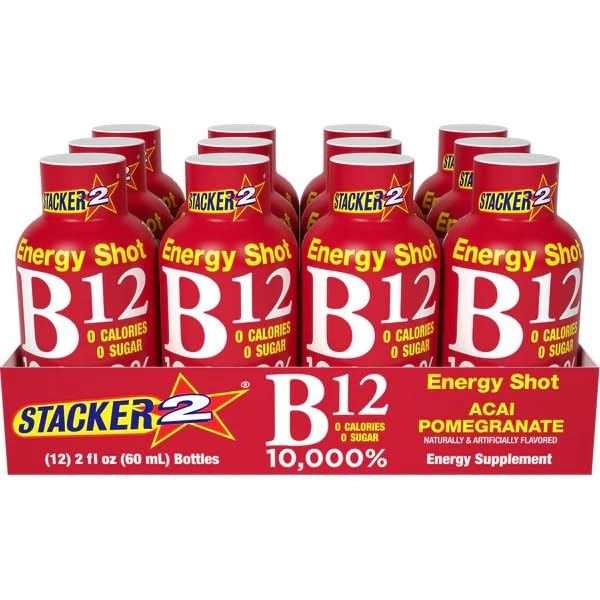Stacker 2 Vitamin B Complex B12 B6 B3 Liquid Energy Shots - Vegansafe &amp Vegan Cyanocobalamin 10000% DRV - B-6 Pyridoxine 40mg - B3 Niacinamide (Niacin) 20mg - BASED BOX Bundle Pack (2oz Pack of