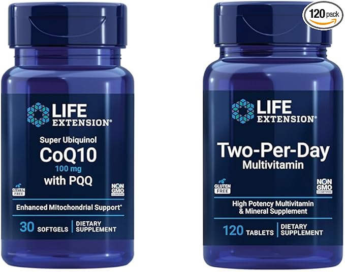 Life Extension Super Ubiquinol CoQ10 100mg 30 Softgels Cellular Energy Support Bundle with Two-Per-Day High Potency 120 Tablet Multivitamin
