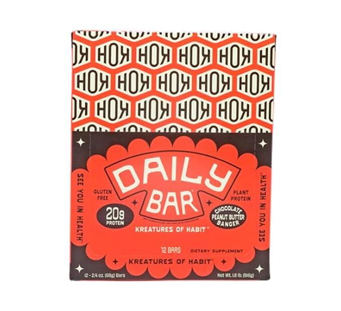 Kreatures of Habit DAILY BAR | 20g Plant-Based Protein Bar | 3g of Creatine Monohydrate Per Bar | Gluten-Free | No Seed Oils or Artifical Flavors (Peanut Butter Banger Pack of 12)