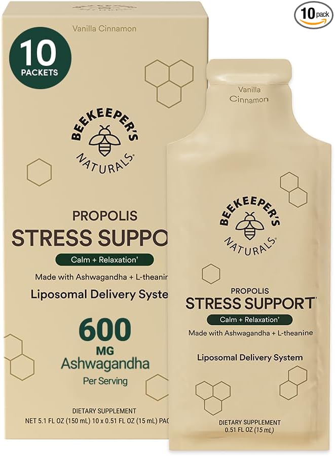 Ashwagandha Liposomal Stress Support by Beekeeper's Naturals 600mg with Propolis L-Theanine Anti-Stress Support for Calm &amp Relaxation 10ct