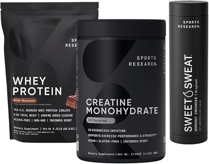 Sports Research Exercise Performance &amp Recovery Pack - Creatine Monohydrate (1.1lb) Whey Protein Dutch Chocolate (5lb) and Original Workout Enhancer Roll-On Gel Stick (6.4oz)