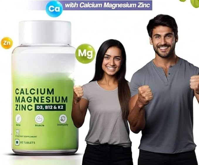 Calcium Magnesium Zinc with Vitamin D3 &amp B12 1000mg I 60 Veg Tablets|Support Strong Joints Health |for Both Men &amp Women 1 Count 60 Capsules
