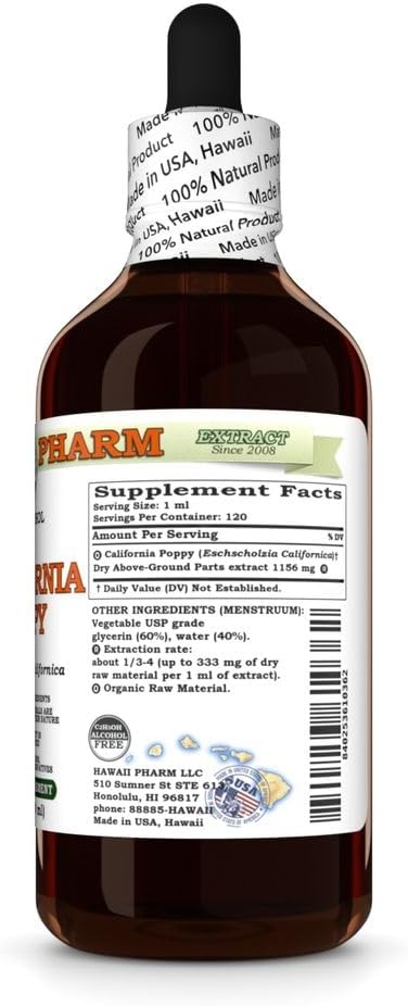 Hawaii Pharm California Poppy Alcohol-Free Extract Glycerite for Calming Nervous System Promotes Relaxation Supports Sleep Eases Tension - 4 fl.oz
