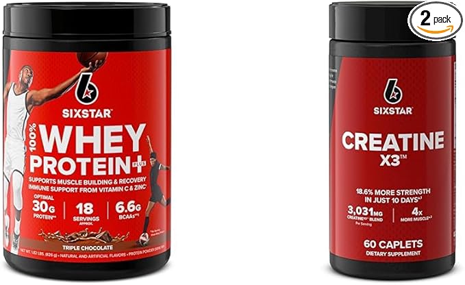 Six Star Elite 100% Whey Protein Plus Triple Chocolate 1.8lbs &amp Creatine Pills X3 Creatine Capsules Muscle Builder