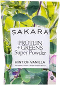 SAKARA Protein + Greens Super Powder – 30 Servings Organic Plant-Based Blend with Hemp Pumpkin Pea Protein Wheatgrass &amp Spirulina Vegan Superfood Drink Mix