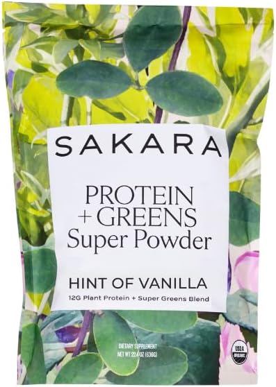 SAKARA Protein + Greens Super Powder – 30 Servings Organic Plant-Based Blend with Hemp Pumpkin Pea Protein Wheatgrass &amp Spirulina Vegan Superfood Drink Mix