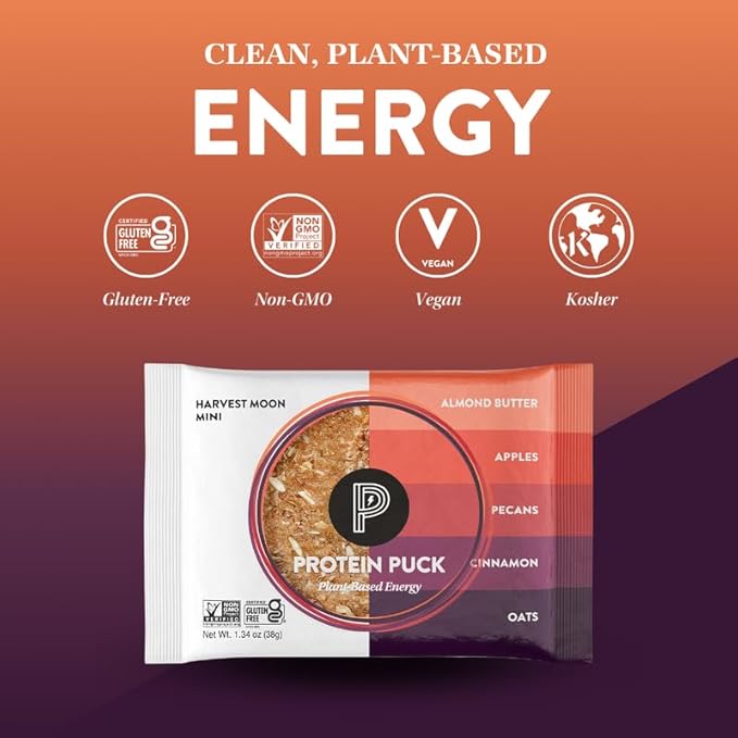 Protein Puck Vegan Plant based Protein Bar – Natural Healthy Snack Bars 12 Count 1.34oz Mini Gluten Free Dairy Free No GMO Kosher – Harvest Moon - Apple Cinnamon Pecan Sport Nutrition