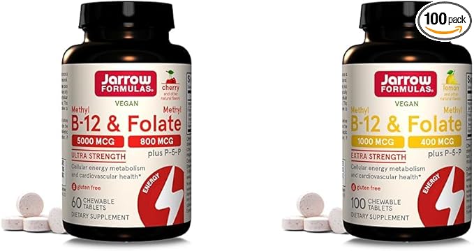 Jarrow Formulas Ultra Strength Methyl B-12 5000 mcg &amp Methyl Folate 800 mcg + P-5-P &amp Extra Strength Methyl B-12 1000 mcg &amp Methyl Folate 400 mcg + P-5-P Dietary Supplement