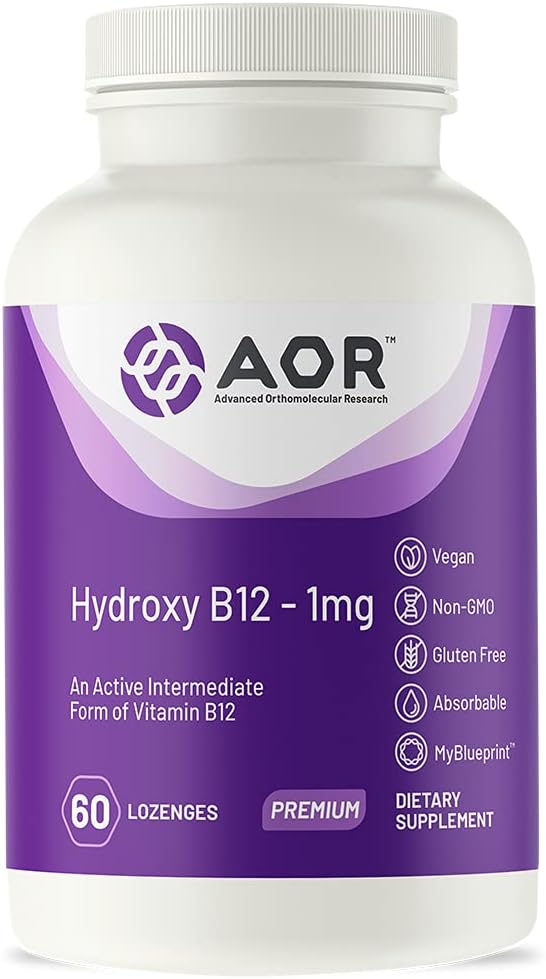 AOR Hydroxy B12 1000mcg 60 Lozenges 60-Day Supply Hydroxocobalamin for Daily Vitality Nervous System Support Vegan