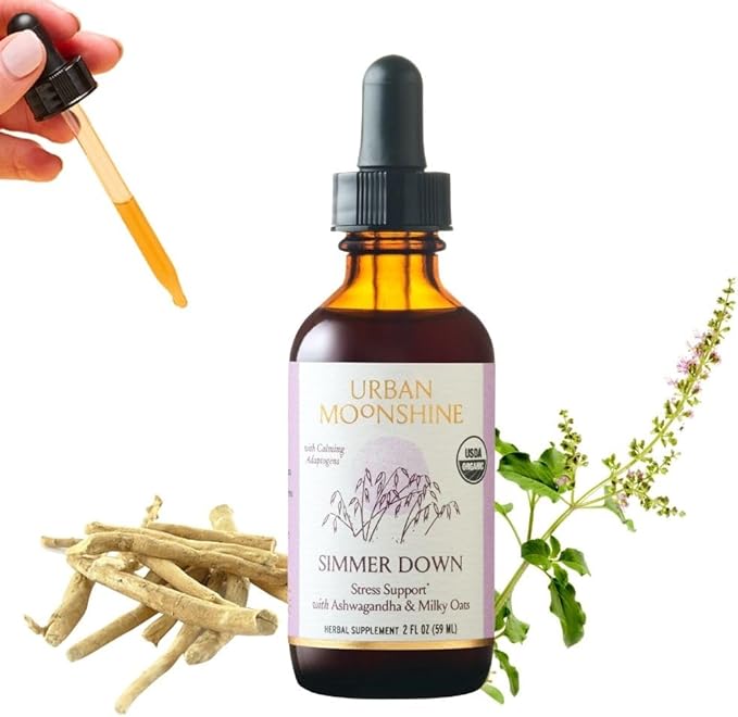 Urban Moonshine Simmer Down Tonic - Stress Support with Ashwagandha &amp Milky Oats - Adaptogenic &amp Nervine Herbs - Soothes Nervousness - Promotes Mellow Mood - Non-Drowsy Herbal Supplement - 2 F