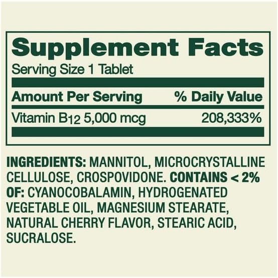 H4U Spring Valley Extra Strength Vitamin B12 Cherry 5000 mcg 60 Count Supplement Fast Dissolve Tablets for Metabolism Support