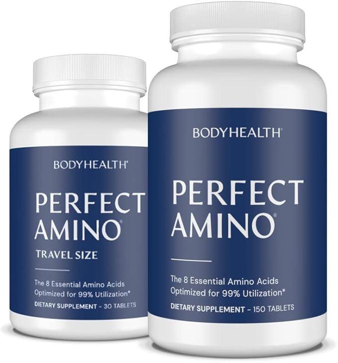 BodyHealth PerfectAmino Tablets (150ct Plus 30ct Travel Bottle) Essential Amino Acid with BCAAs + Lysine Phenylalanine Threonine Methionine Tryptophan Supplement for Recovery &amp Strength