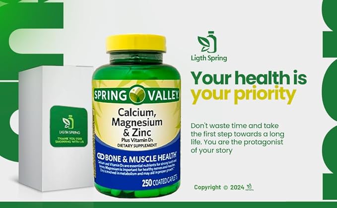 Calcium Magnesium Zinc &amp Vitamin D3 Dietary Supplement 250 Caplets (2 Pack) with Bundle Exclusive Better Ligth&ampSpring Guide + Weekly Pill Organizer (4 Items)