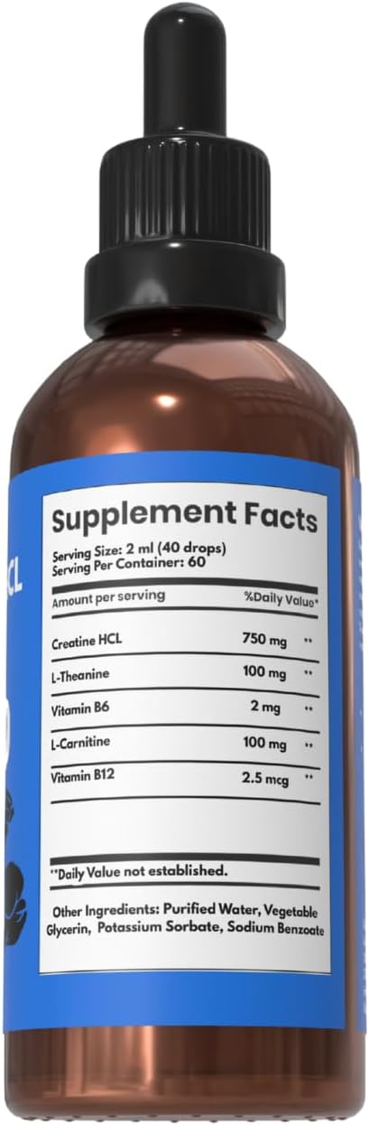 Creatine HCL Liquid Drops for Men &amp Women - 2ml Per Serving L-Theanine Vitamin B12 &amp B6 L-Carnitine - High Absorption 4 Fl Oz (120ml) (4 FL OZ Unflavored)