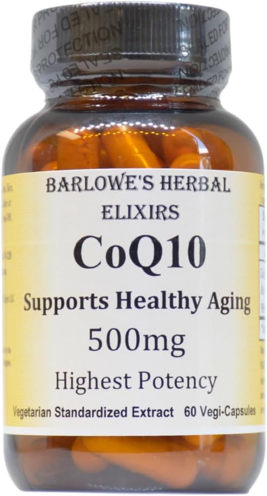 Barlowe's Herbal Elixirs CoQ10 | Ubiquinone | Hi-Potency | 500 mg Per Capsule | Stearate-Free | Encased in Recyclable Glass Bottle | Heart Health Support | 60 Veggie Capsules