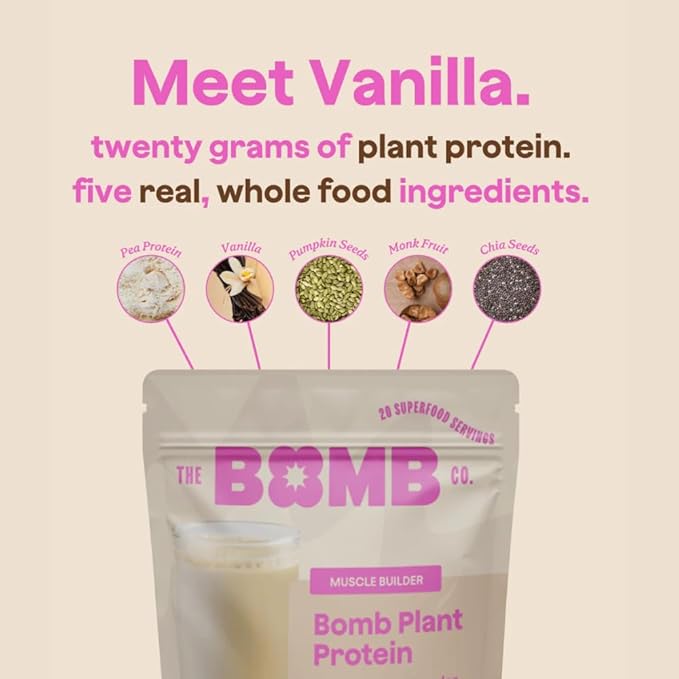 Blender Bombs The Bomb Co. Bomb Plant Protein Chocolate &amp Vanilla Protein Powder with 21g Protein Amino Acids Zero Sugar Pea Protein Cocoa Chia Seeds Vanilla &amp Monk Fruit 60 Srvgs