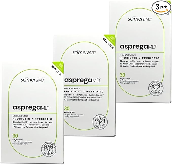 Asprega 30CT - Probiotic + Prebiotic Supplement | 17 Strains 35 Billion CFUs | Delayed Release | Saccharomyces Boulardii | for Men &amp Women | by ScimeraMD 3-Pack