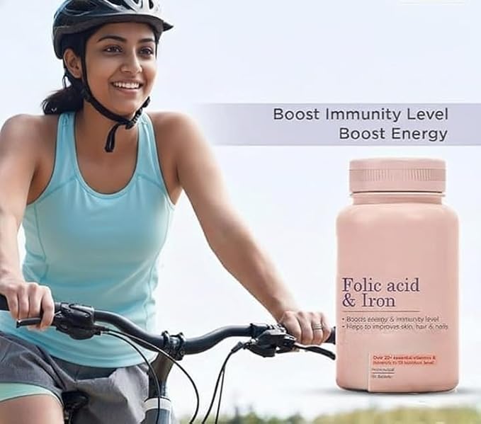 Folic Acid &amp Iron Supplements |Supports Pregnancy| Iron Production| Reduces Hair Fall| for Men &amp Women| Vegan|– 60 Tablets