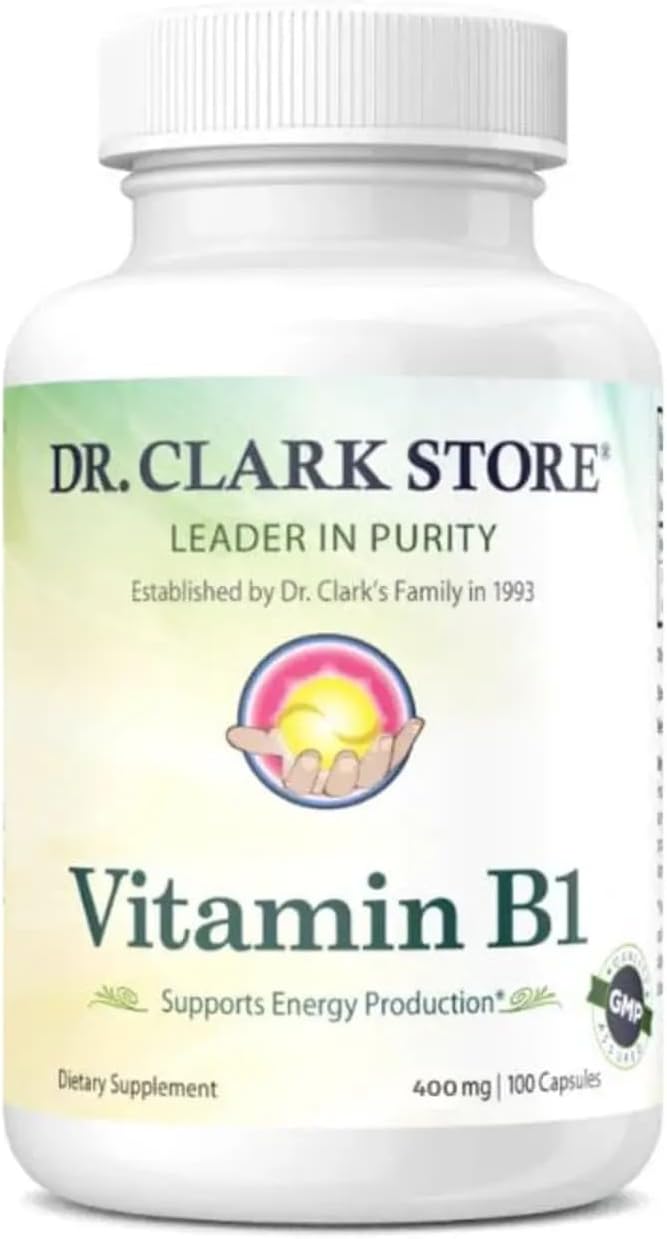 Dr. Clark Vitamin B1 Thiamine 400mg Supplement -Thiamine B1 Supplement for Healthy Nervous System &amp Energy Metabolism Gluten-Free Dairy Free - 100 Gelatin Capsules