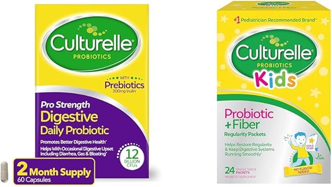 Culturelle Pro Strength Daily Probiotic Capsules 60 Count &amp Kids Probiotic + Fiber Packets 24 Count