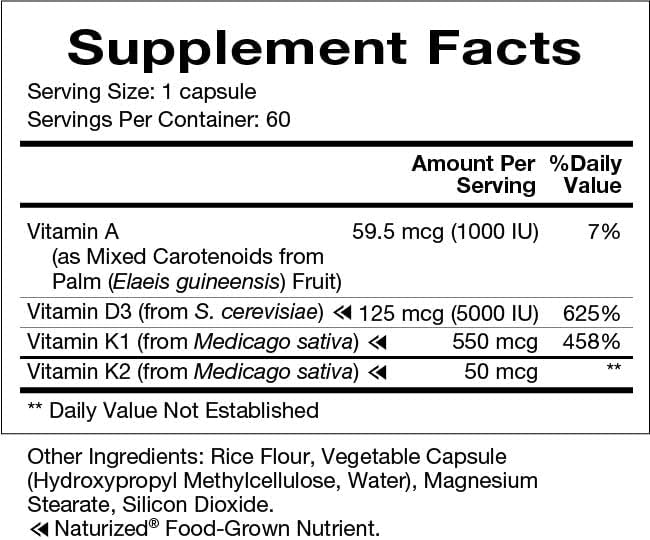 Natura Health Products Vitamin D-A-K Supplement - Supports Healthy Bone Heart and Vision Function Featuring Vitamins D3 5000 IU A 1000 IU K2 50 mcg K1 550 mcg Bioavailable (60 Capsules)