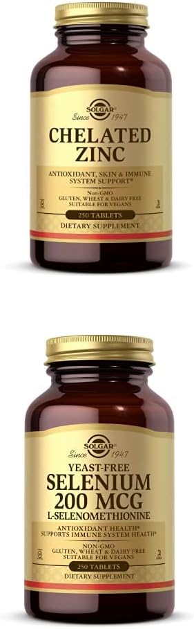 Solgar Chelated Zinc 250 Tablets - Zinc for Healthy Skin + Solgar Yeast-Free Selenium 200 mcg 250 Tablets - Supports Antioxidant &amp Immune System Health