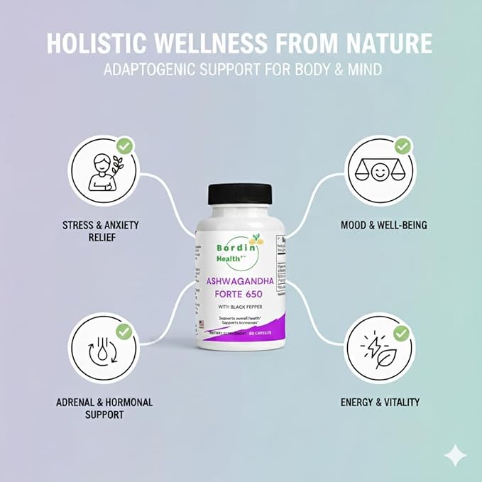 Bordin Health+ Ashwagandha Forte 650 with Black Pepper Organic Dietary Supplement for Stress &amp Mood 60 Vegan Capsules Supports Overall Health and Hormones