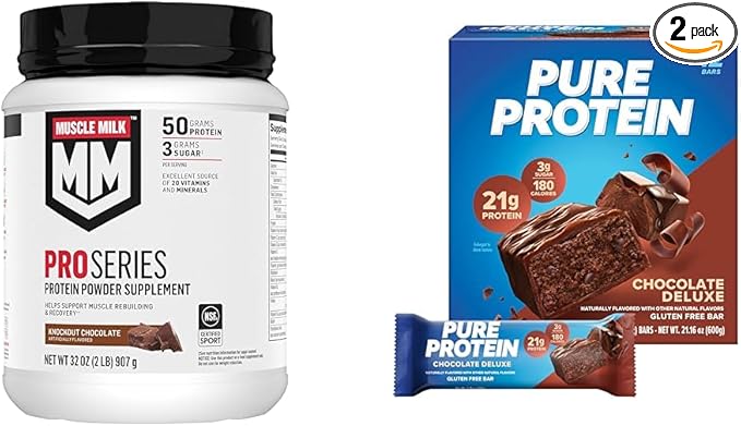 Muscle Milk Pro Series Protein Powder Knockout Chocolate 2lb 11 Servings 50g Protein &amp Pure Protein Bars Chocolate Deluxe 12 Count 1.76oz 21g Protein