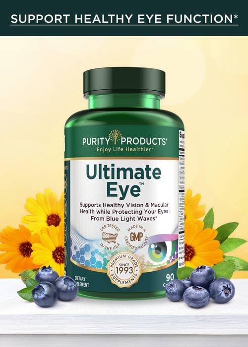 Ultimate Eye Support by Purity Products - 10 mg of Lutein w/Lutemax 20/20 100 mg of Alpha Lipoic Acid 2 mg Zeaxanthin Eye Vitamins - Clinically Studied - Blue Light Wave Protection - 90 Capsules