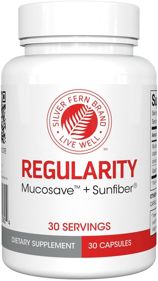 Silver Fern Regularity Digestive Supplement Capsules Brand - 1 Bottle = 30 Capsules = 30 Day Supply - Mucosave FG (Prickly Pear Polysaccharides &amp Olive Leaf Polyphenols) &amp SunFiber