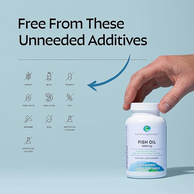 Earth's Splendor Fish Oil Supplement 120 Softgels 500mg EPA / 250mg DHA 1000mg Enteric-Coated 4 Month Supply