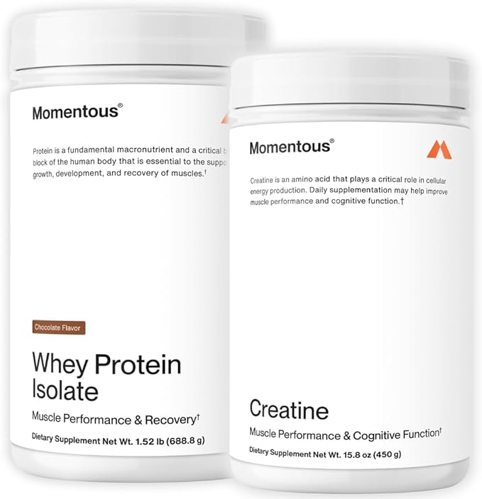 Momentous Creatine Monohydrate Powder &amp Essential Grass-Fed Whey Chocolate Protein Powder - Supports Strength Lean Muscle &amp Recovery - 20 g Isolate Protein - NSF Certified for Sport - Gluten
