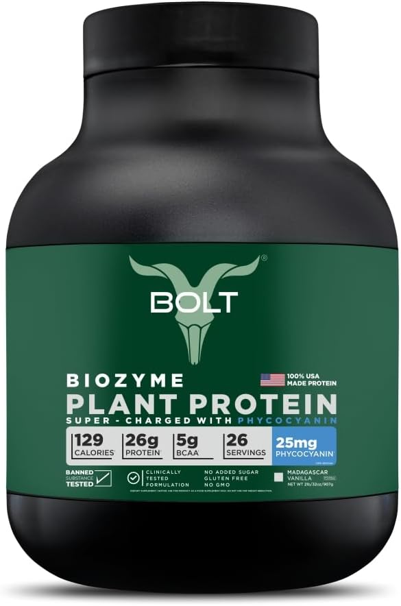 Bolt Biozyme Plant Protein | Vegan Protein with Superfood Phycocyanin and Ayurvedic Herbs | Complete Amino Acid Profile for Muscle Support and Recovery | 2Lb/32oz 26 Servings | Madagascar Vanilla