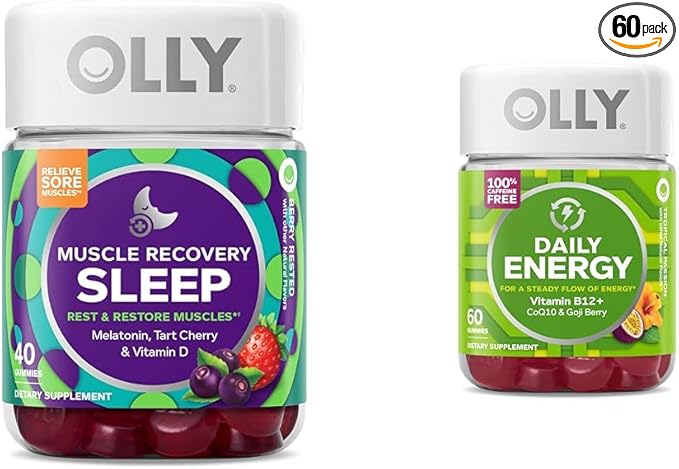 OLLY Muscle Recovery Sleep Gummies Sleep and Sore Muscle Support 3mg Melatonin Tart Cherry &amp Daily Energy Gummy Caffeine Free Vitamin B12 CoQ10 Goji Berry Adult Chewable Supplement