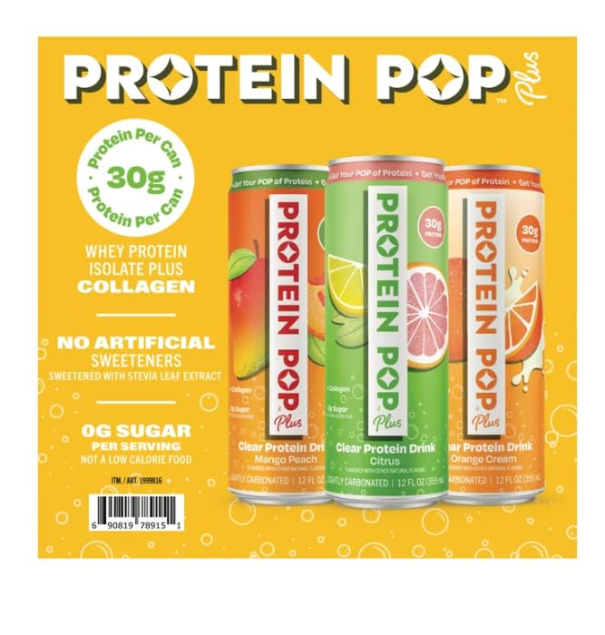 Protein PopPlus 30g Clear RTD Variety Pack 12 fl oz (15 Count) – 0g Sugar Carbonated Sparkling Protein Soda – No Artificial Sweeteners Colors or Flavors