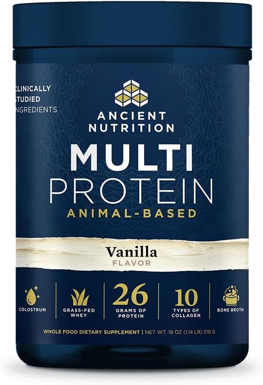 Ancient Nutrition Multi Protein Animal Based Powder 26g Protein Grass Fed Whey Bone Broth Collagen Peptides Colostrum &amp Probiotics Supports Joint &amp Gut Health Vanilla 15 Servings
